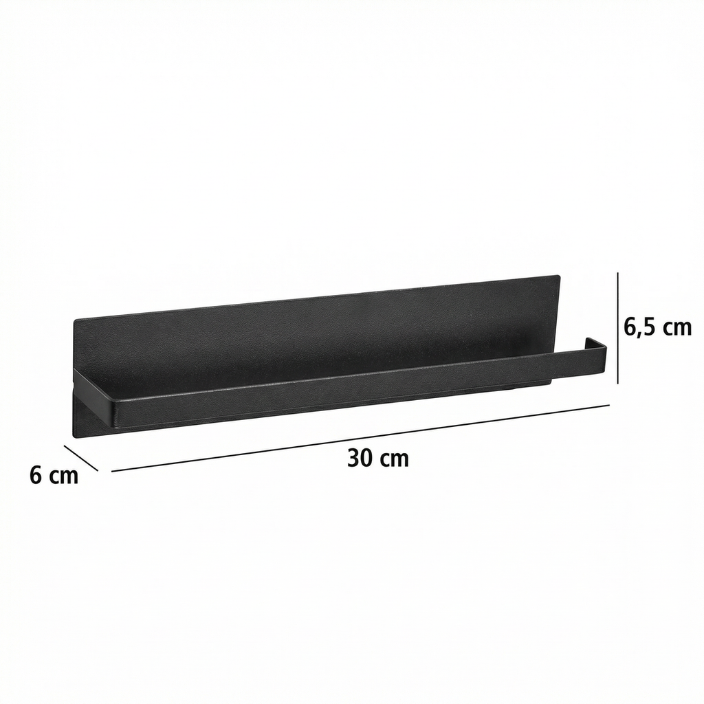 Suportul negru gol, cu dimensiunile: 30 cm lungime, 6 cm adâncime, 6,5 cm înălțime