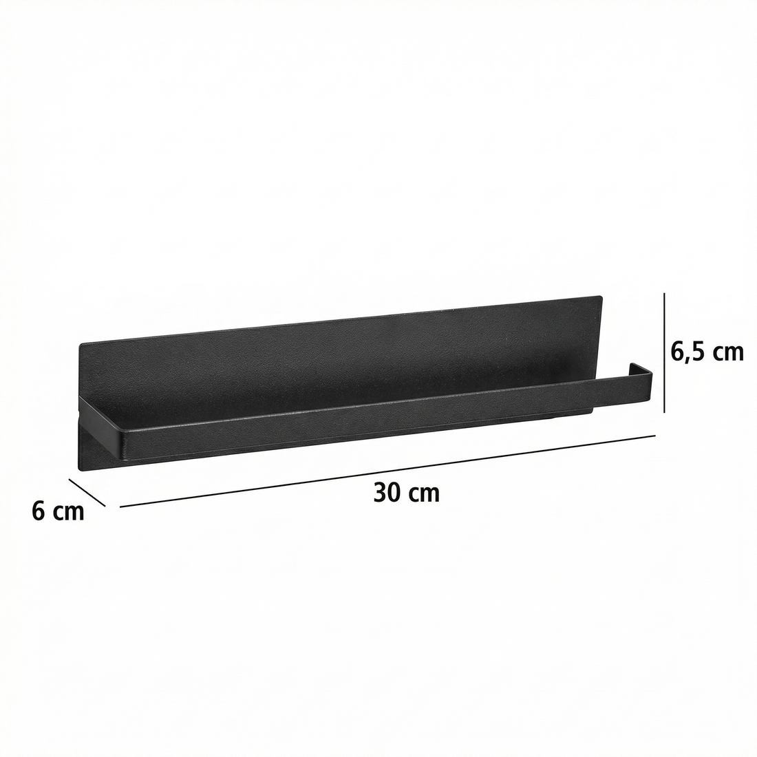 Suportul negru gol, cu dimensiunile: 30 cm lungime, 6 cm adâncime, 6,5 cm înălțime