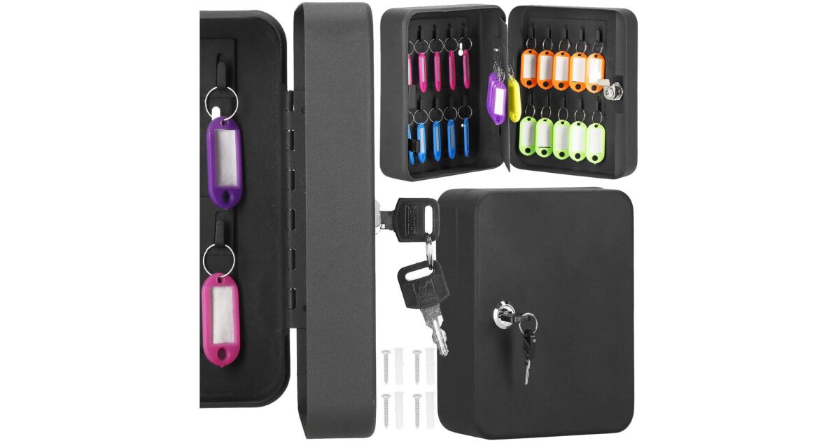 Cutie metalica din otel pentru 20 de chei, echipata cu suporturi, 20x16x7,5 cm, neagra