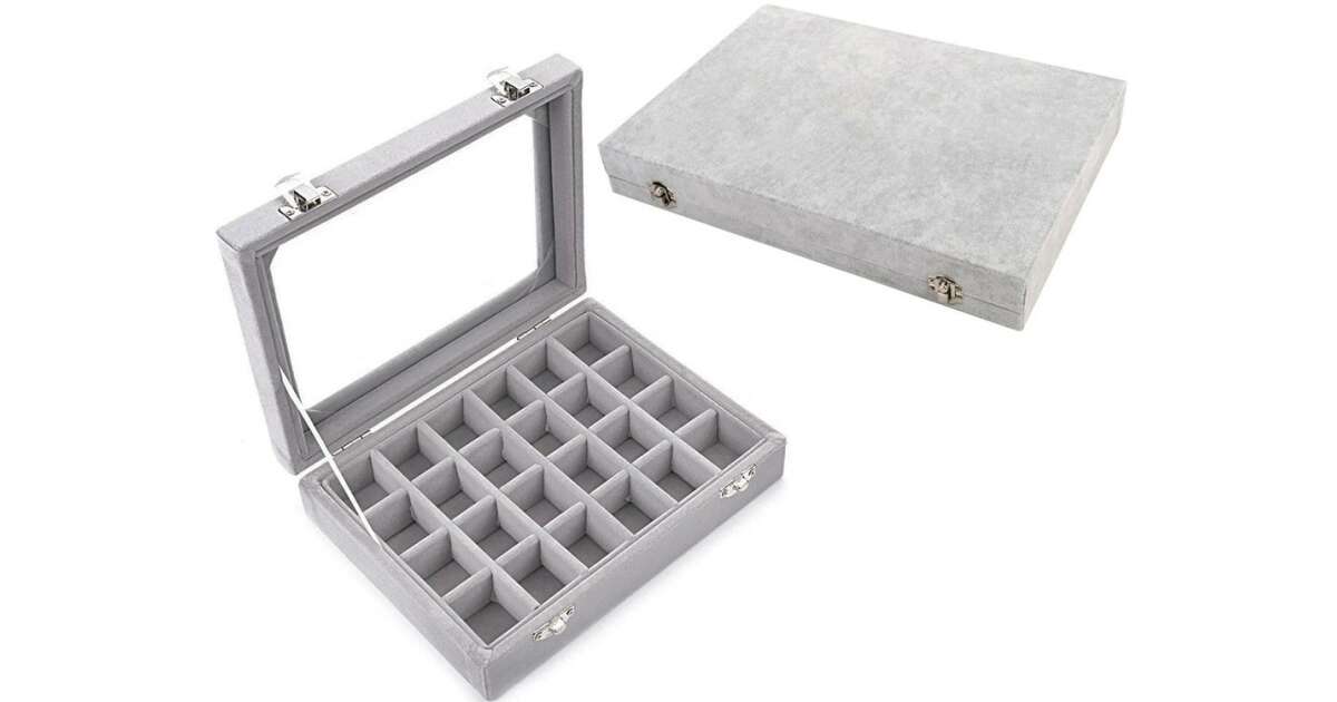 Cutie de bijuterii tip organizator display din material suede, pentru coliere, inele si cercei