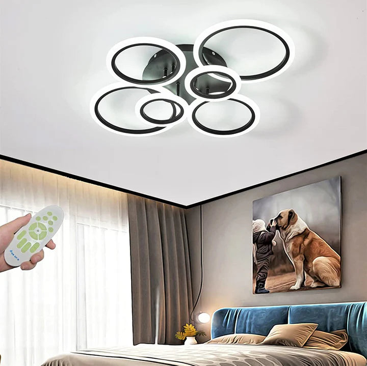 Lustra LED tavan 4+2 cercuri neagra, cu telecomanda, echivalent 600W, design modern living