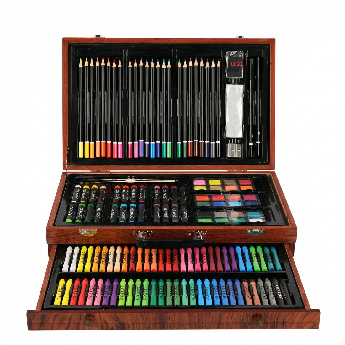 Set de pictură și desen în cutie din lemn, deschis: creioane colorate în capac, pasteluri și acuarele la mijloc, creioane cerate în sertar