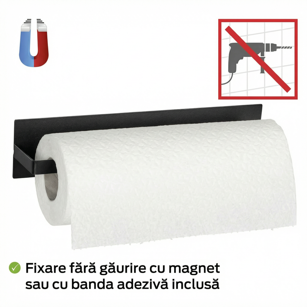 Suport cu rolă de hârtie și pictograme: magnet și fără găurit; fixare cu magnet sau cu banda adezivă inclusă