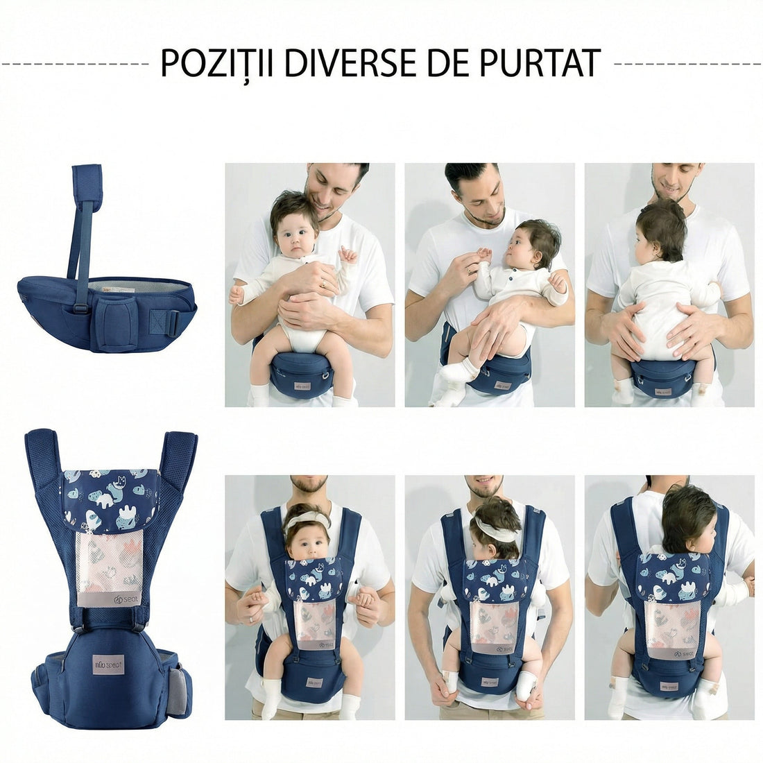 Pozițiile de purtare ale marsupiului: doar pe scaunul de șold sau cu bretele, cu fața spre părinte ori spre înainte