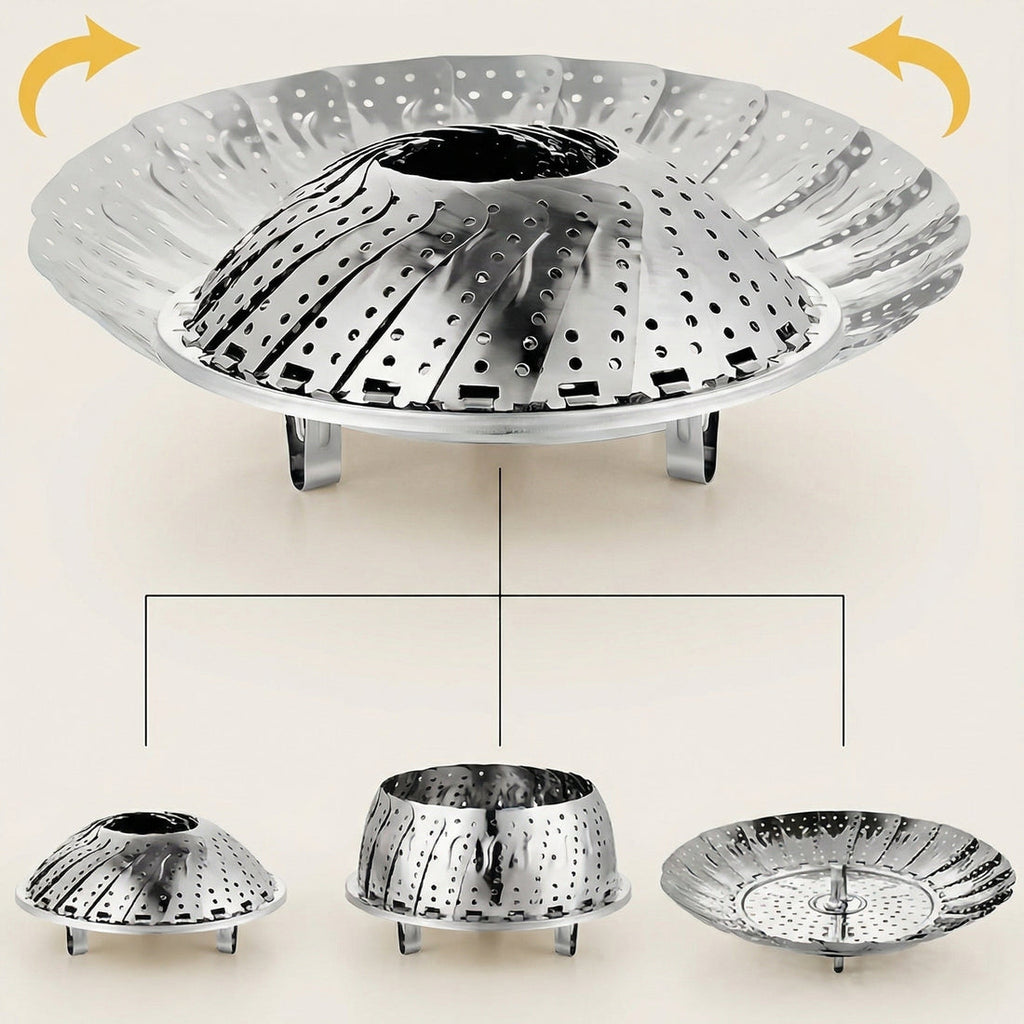 Coș de abur pliabil din inox, deschis, cu trei poziții: strâns, pe jumătate deschis și complet deschis