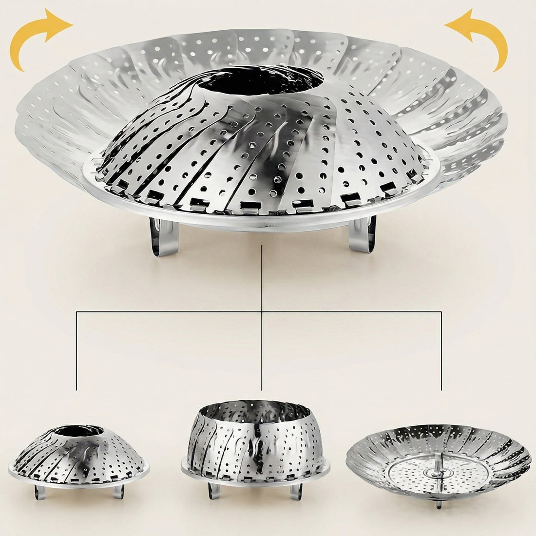 Coș de abur pliabil din inox, deschis, cu trei poziții: strâns, pe jumătate deschis și complet deschis