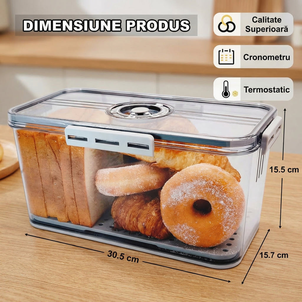 Cutia pentru pâine cu dimensiunile: 30,5 cm lungime, 15,7 cm lățime, 15,5 cm înălțime