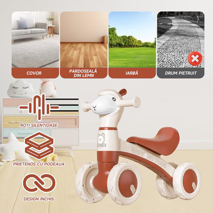 Bicicleta fara pedale pentru copii, 4 roti, lumini si muzica, jucarie de echilibru maro