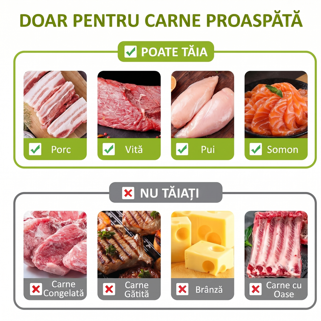Ce poate tăia feliatorul: porc, vită, pui și somon crud; nu e pentru carne congelată, gătită, cu os sau brânză