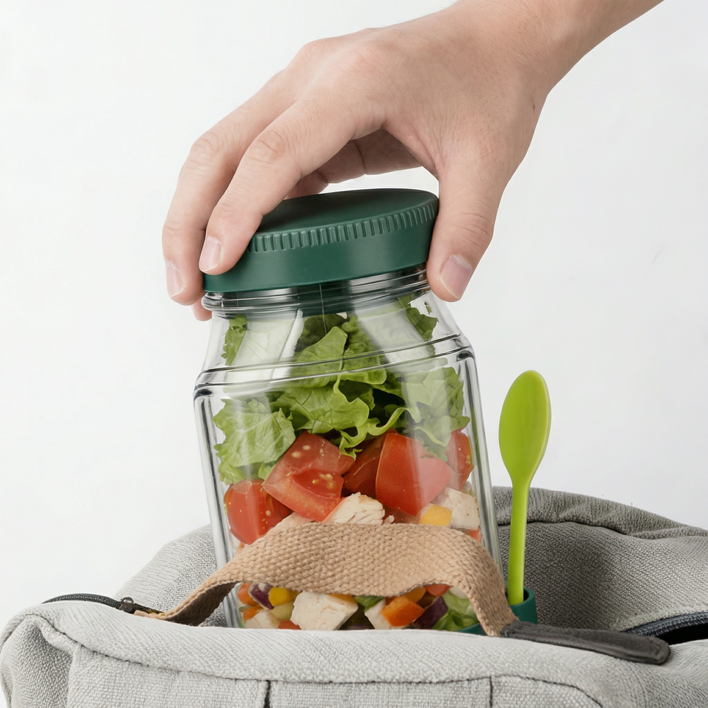 Borcan cu salată pus într-o geantă de prânz, cu capacul verde ținut în mână