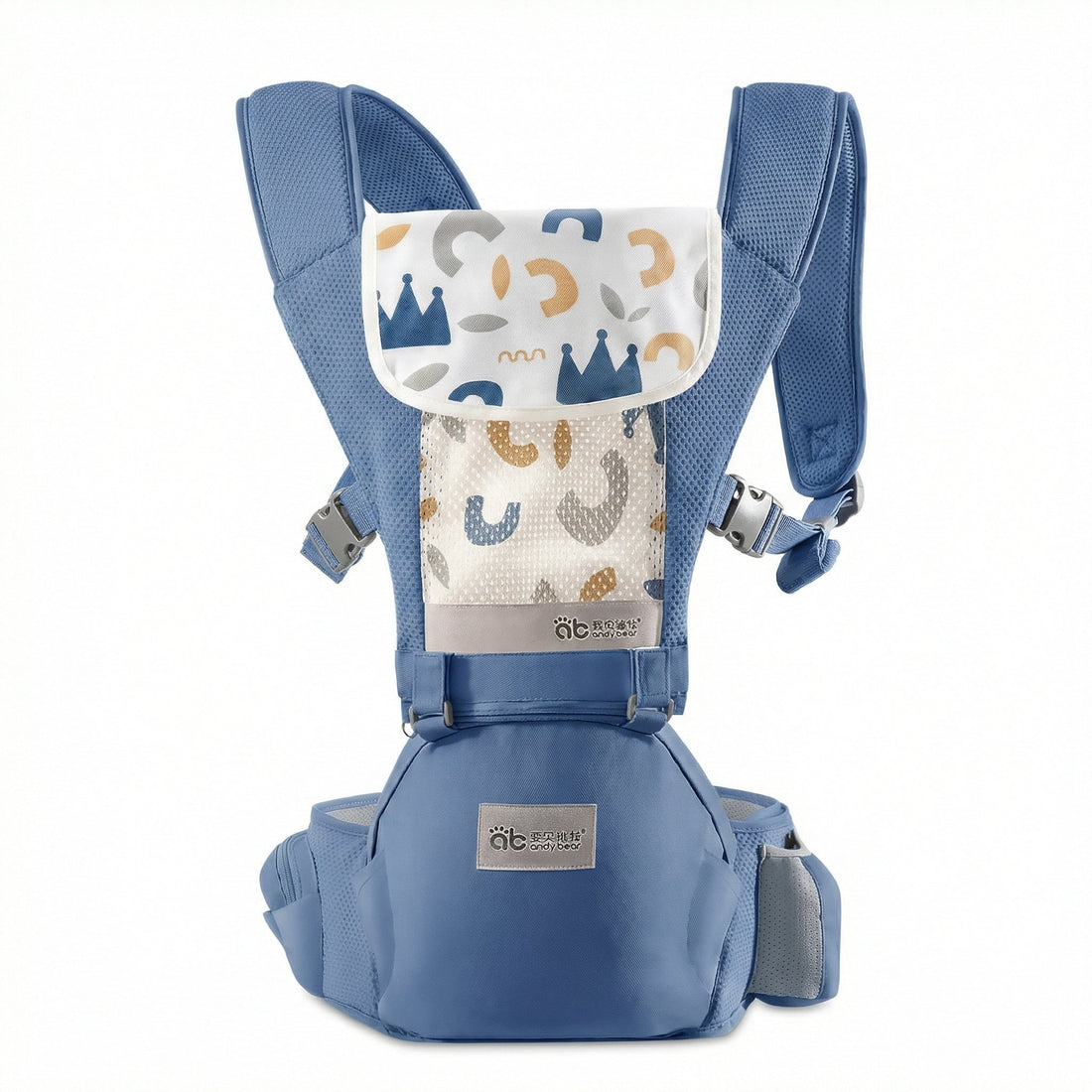 Marsupiu ergonomic albastru cu scaun pe șold, bretele căptușite și bavetă detașabilă, văzut din față