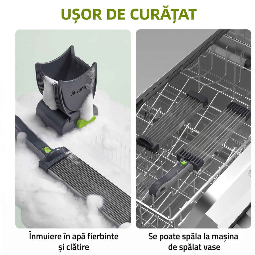 Curățarea feliatorului: piesele înmuiate în apă fierbinte și rândul de lame așezat în mașina de spălat vase