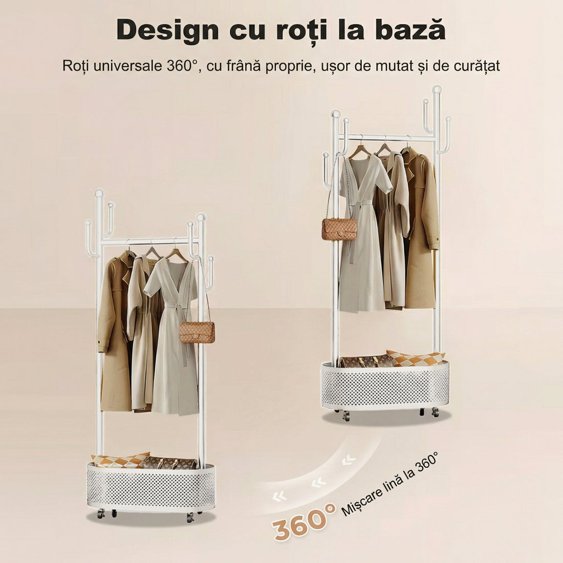 Suport de haine alb cu roți pivotante la 360° și frână, mutat prin cameră
