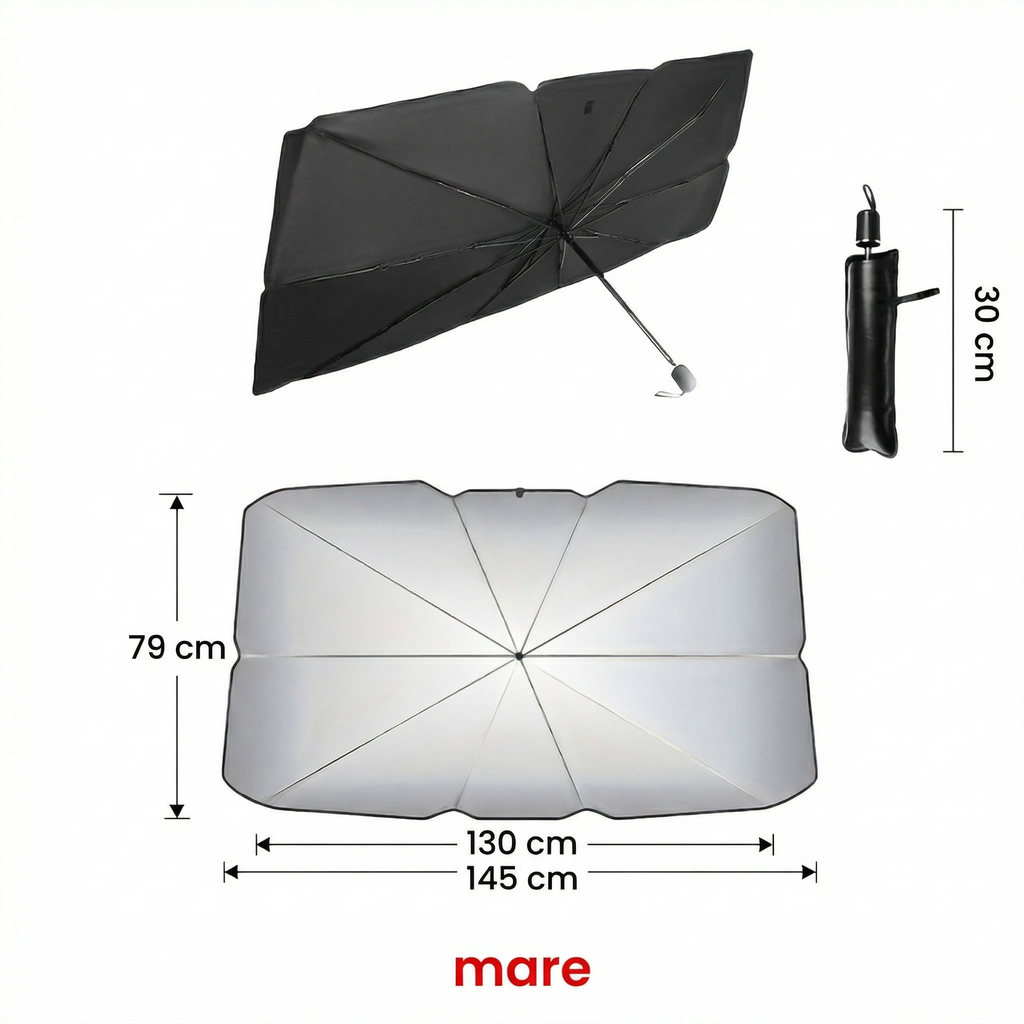 Parasolar tip umbrelă cu cotele marcate: 130–145 x 79 cm deschis, 30 cm strâns