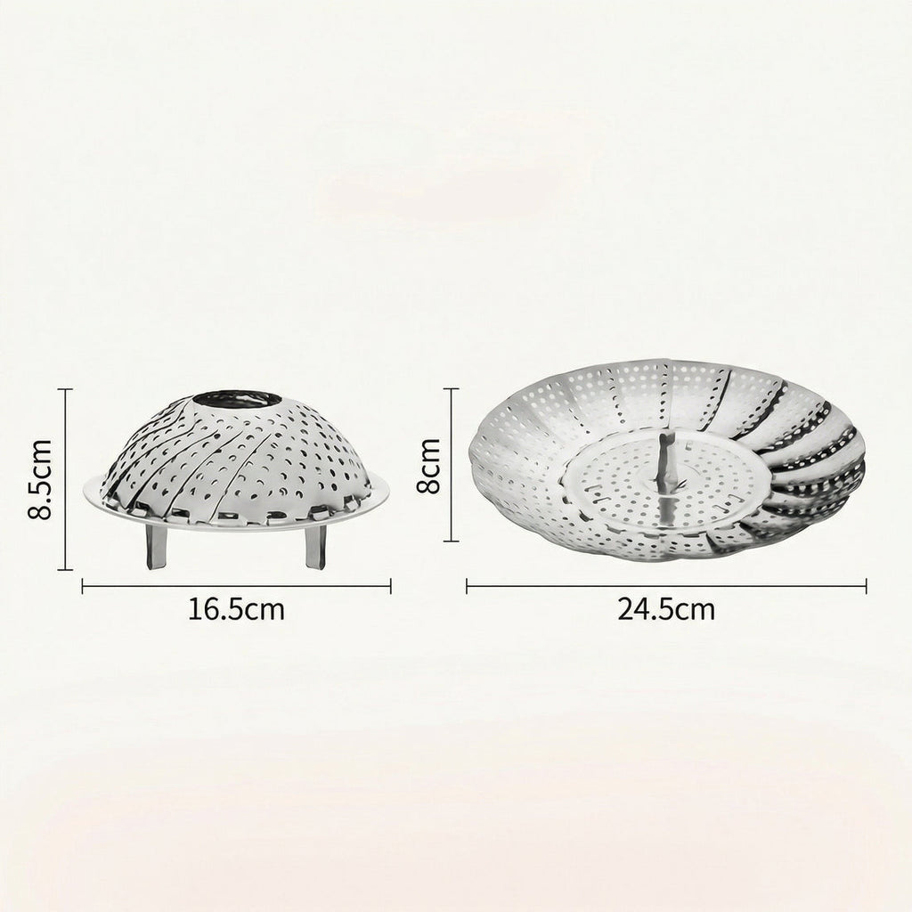 Coș de abur din inox cu dimensiuni: 16,5 cm strâns, 24,5 cm deschis, înălțime 8–8,5 cm