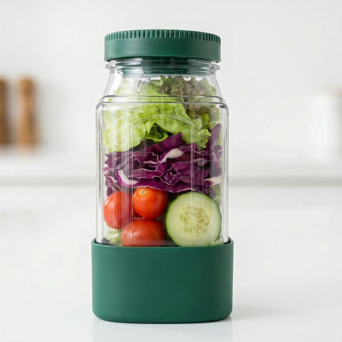 Borcan transparent cu capac verde, plin cu salată, pe blatul de bucătărie; setul conține 3 borcane
