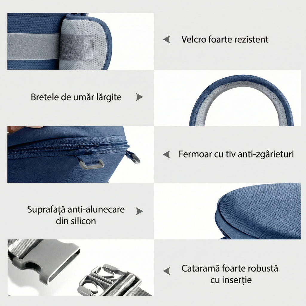 Detalii centură marsupiu: velcro, bretele lărgite, fermoar, suprafață antiderapantă din silicon și cataramă