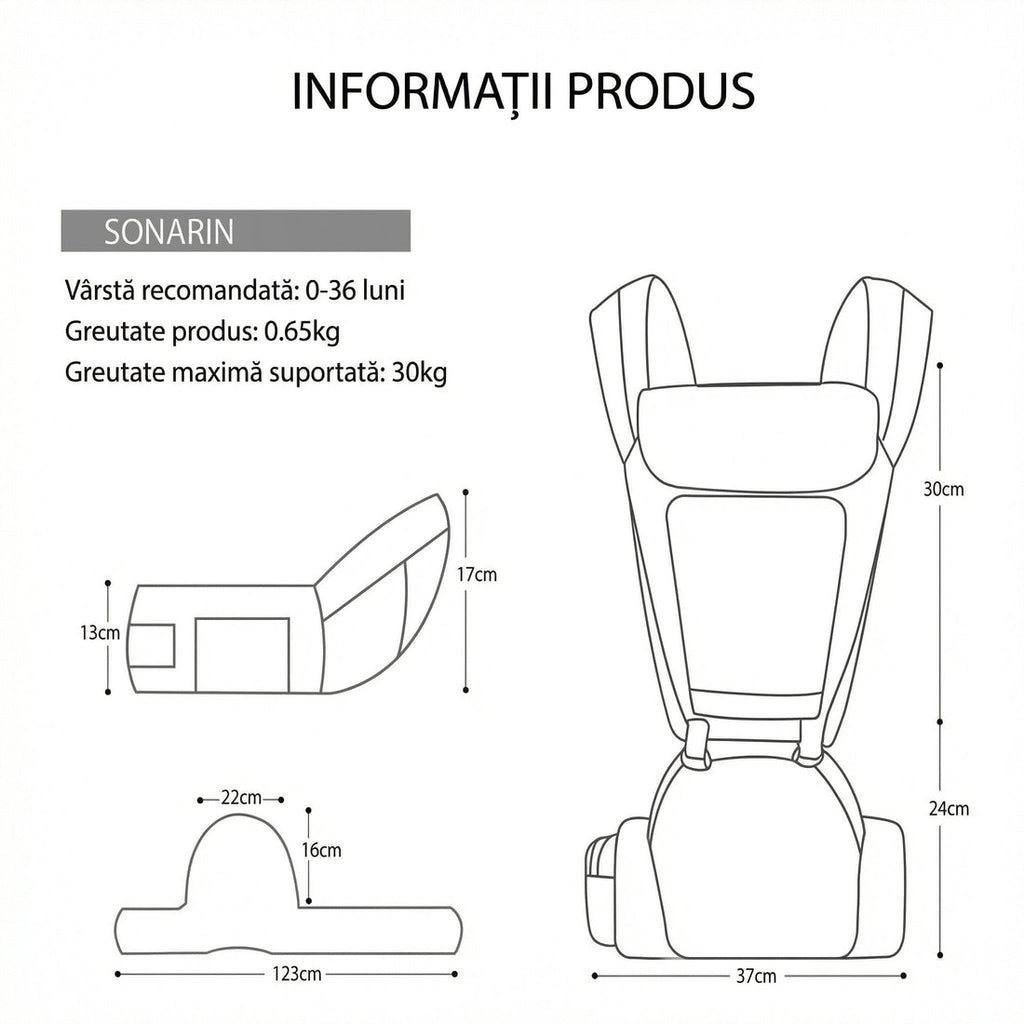 Schiță cu dimensiunile marsupiului: centură 123 cm, scaun 22 x 16 cm, lățime 37 cm, greutate 0,65 kg