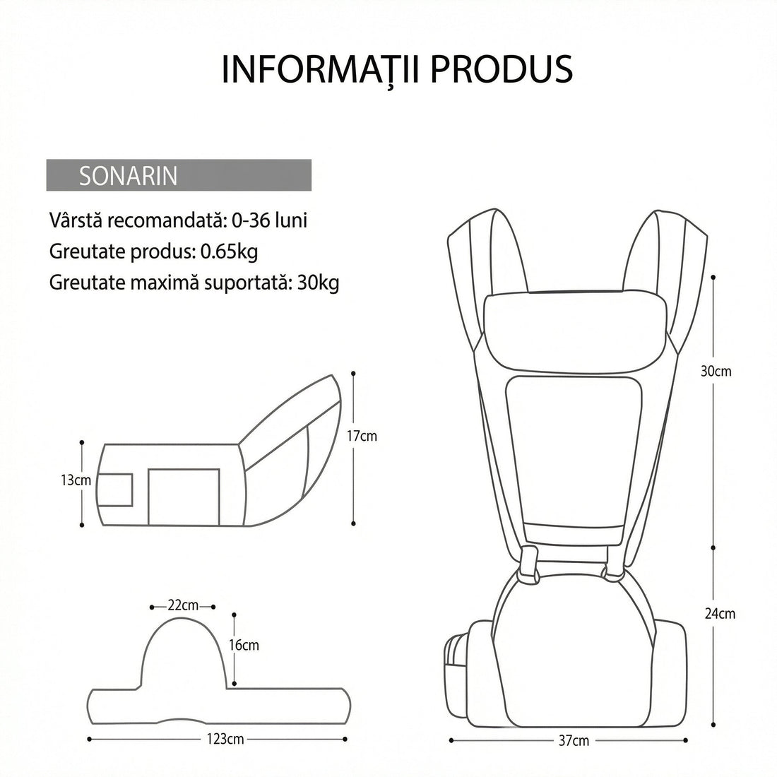 Schiță cu dimensiunile marsupiului: centură 123 cm, scaun 22 x 16 cm, lățime 37 cm, greutate 0,65 kg