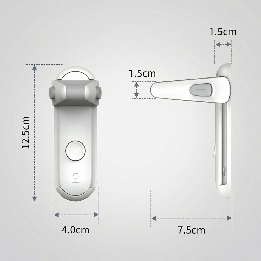 Desen cu dimensiunile blocatorului: 12,5 x 4 cm, grosime 1,5 cm, braț de 7,5 cm