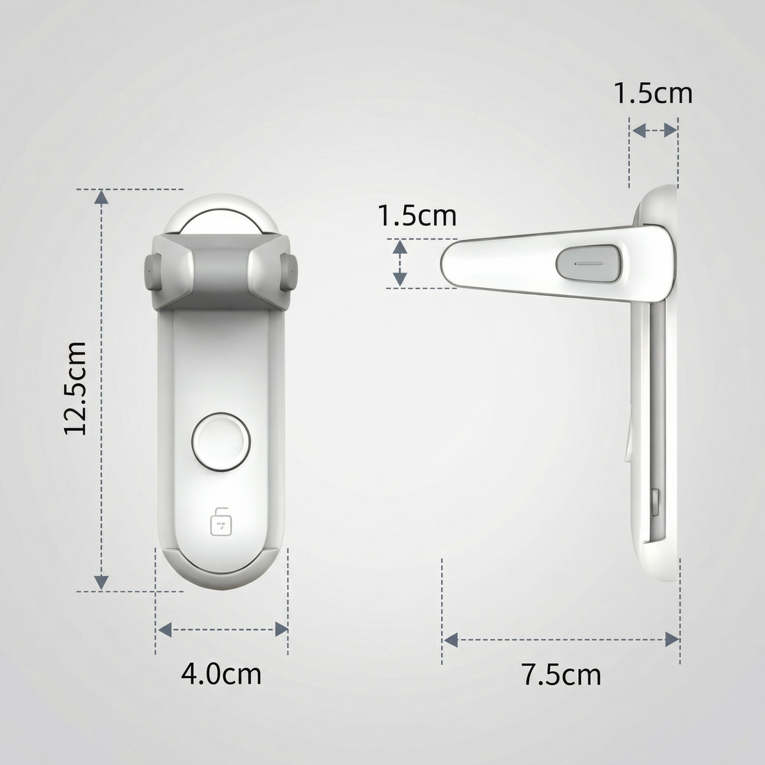 Desen cu dimensiunile blocatorului: 12,5 x 4 cm, grosime 1,5 cm, braț de 7,5 cm