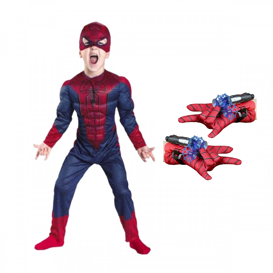 Set costum Spiderman pentru copii, cu muschi si 2 lansatoare, costum de erou pentru joaca si petreceri
