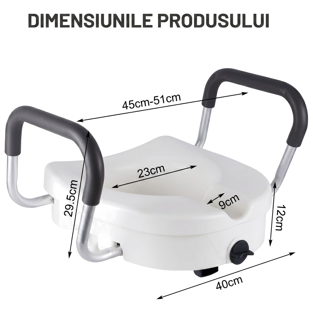 Infografic cu dimensiunile înălțătorului de toaletă: corp de 12 cm, cotă de 40 cm pe bază, 45-51 cm între brațe, 29,5 cm înălțimea brațului, 23 cm deschiderea scaunului și 9 cm decupajul frontal