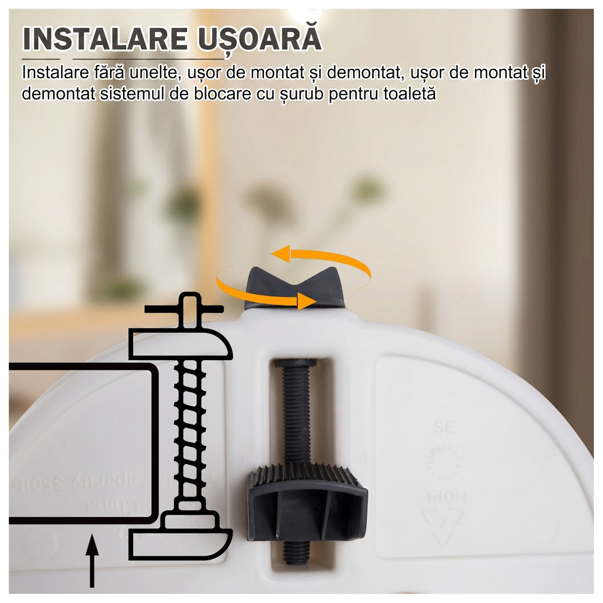 Sistem de fixare cu șurub-fluture, strâns cu mâna pe marginea vasului de toaletă, fără unelte