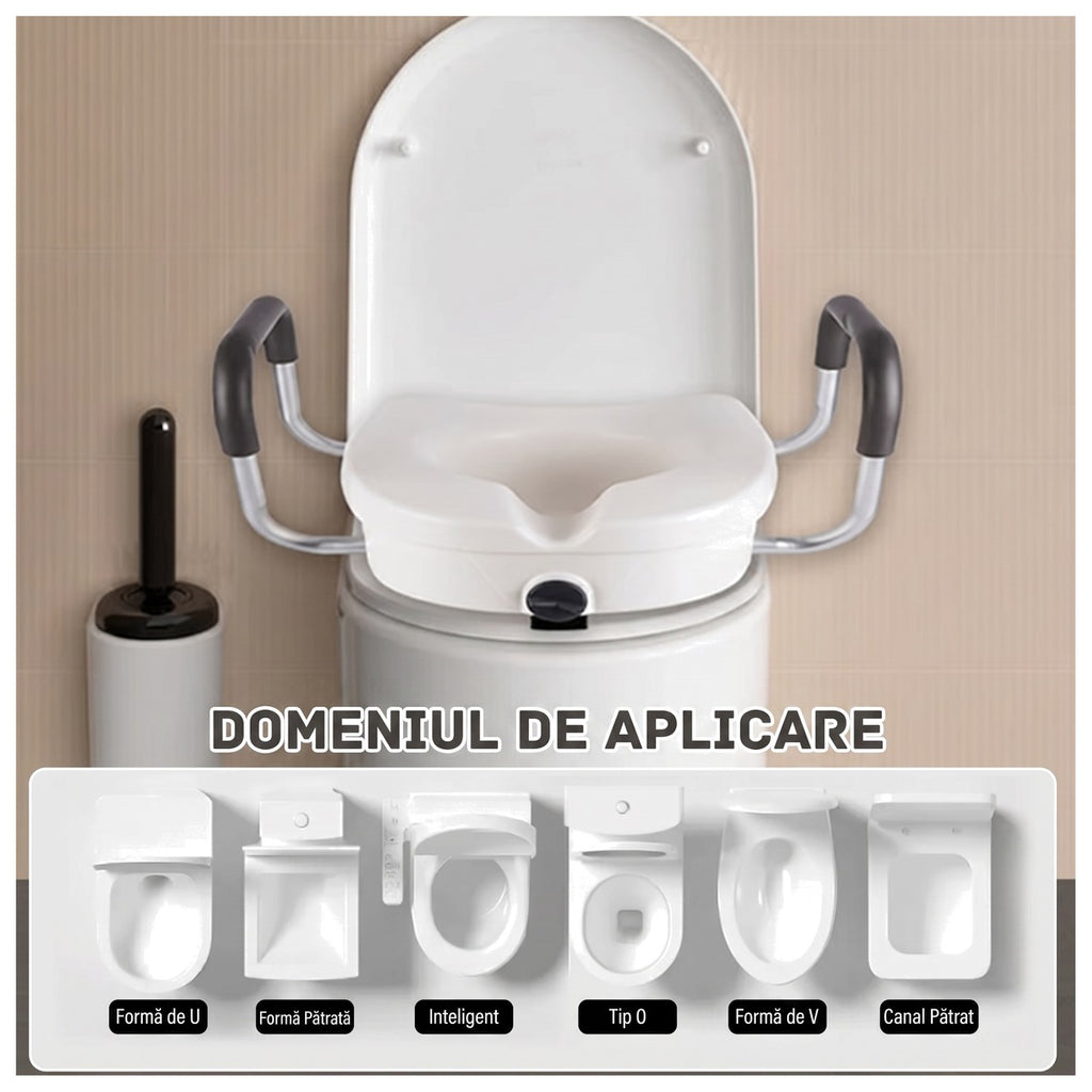 Înălțătorul montat pe vasul de toaletă, cu capacul ridicat în spate, și cele șase forme de vas compatibile: U, pătrată, inteligent, tip O, V și canal pătrat