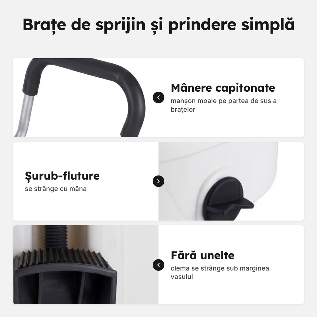 Înălțător WC de 12 cm cu două brațe de sprijin, 45–51 cm între brațe – Brațe de sprijin și prindere simplă