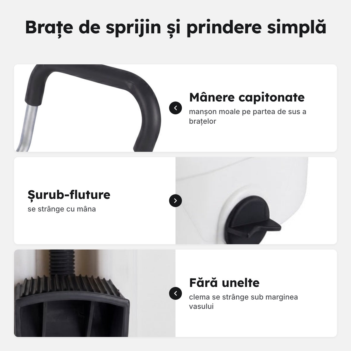 Înălțător WC de 12 cm cu două brațe de sprijin, 45–51 cm între brațe – Brațe de sprijin și prindere simplă