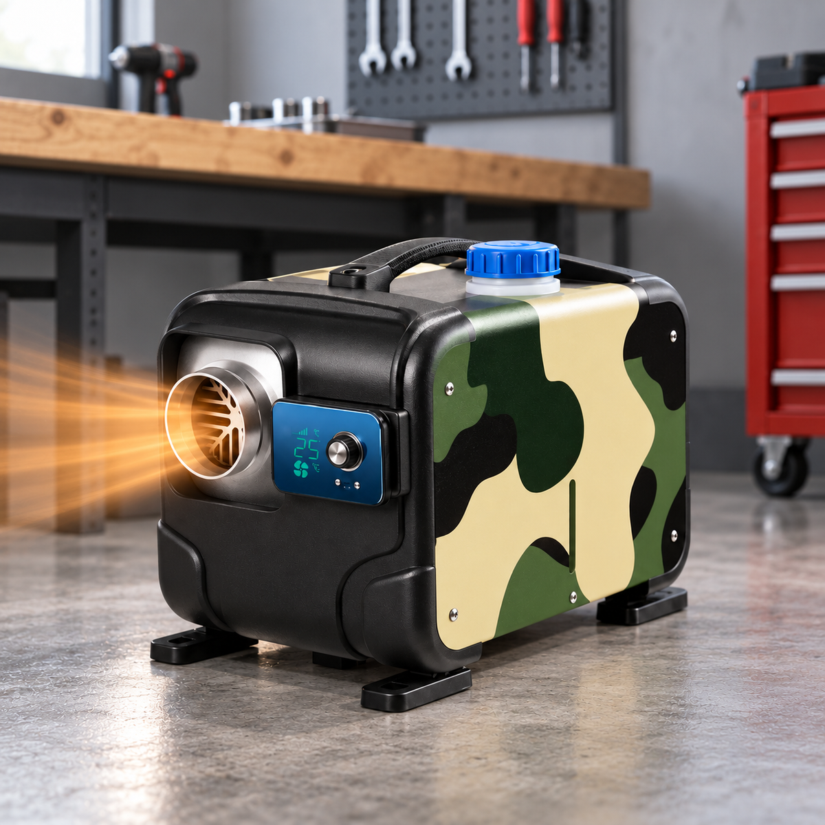 Încălzitor pe motorină 8 kW, 12 V / 24 V și adaptor 220 V, rezervor 5 L, telecomandă, Bluetooth, alarmă CO