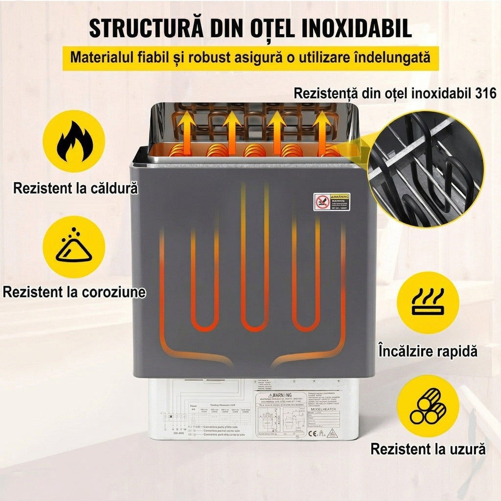 Încălzitor saună 9 kW, structură și rezistențe din oțel inoxidabil
