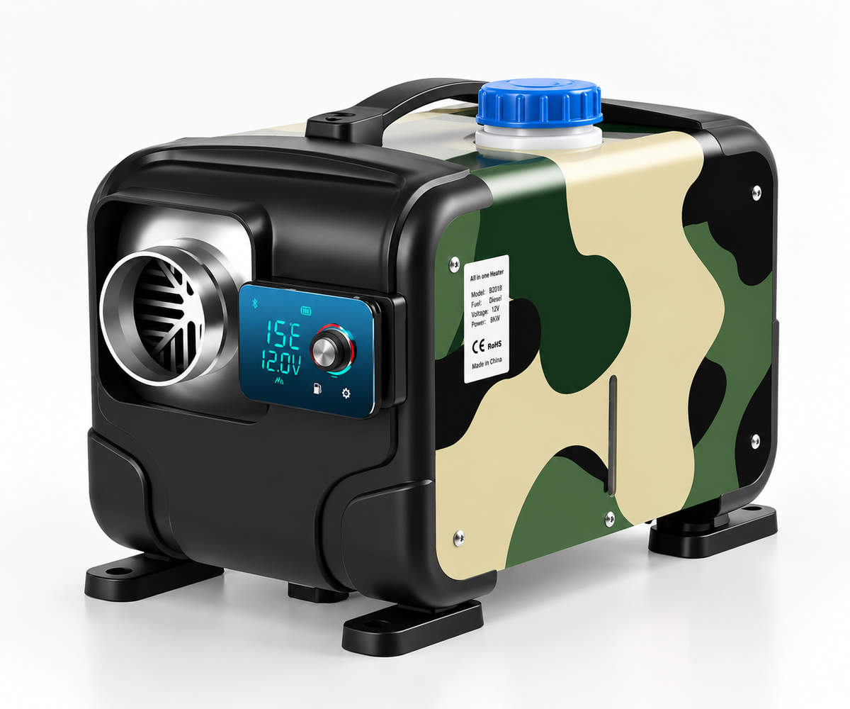 Încălzitor pe motorină 8 kW, 12 V / 24 V și adaptor 220 V, rezervor 5 L, telecomandă, Bluetooth, alarmă CO