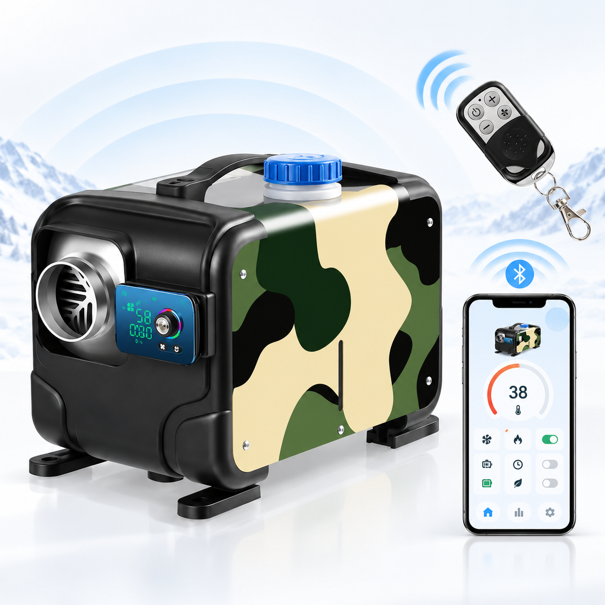 Încălzitor pe motorină 8 kW, 12 V / 24 V și adaptor 220 V, rezervor 5 L, telecomandă, Bluetooth, alarmă CO