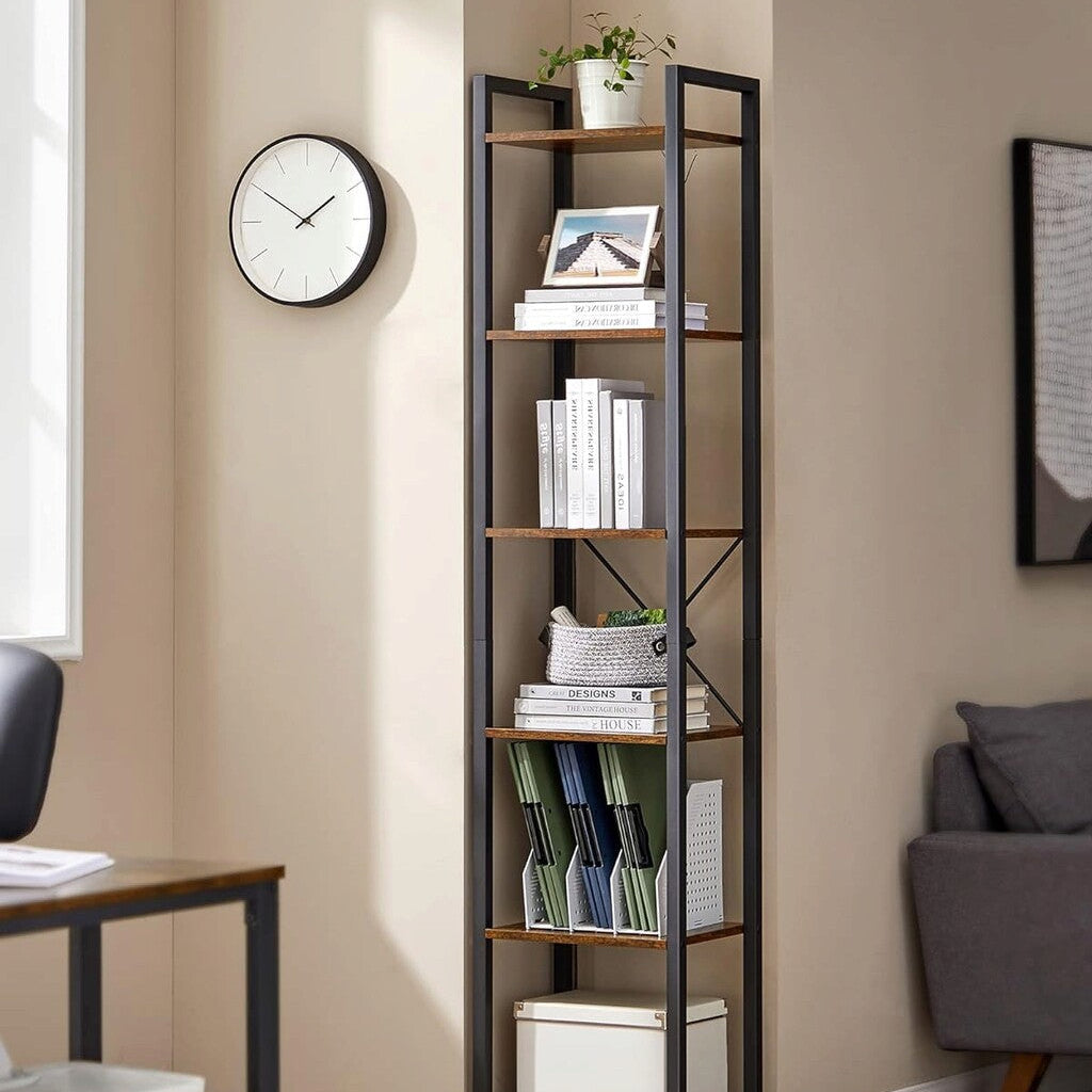 Raft tip biblioteca cu 6 etaje, cadru metalic si polite din lemn, 30x40x187 cm, stil industrial maro rustic-negru