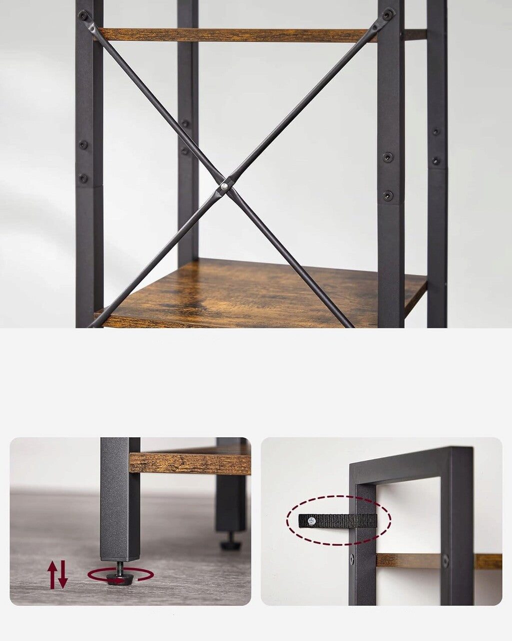 Raft tip biblioteca cu 6 etaje, cadru metalic si polite din lemn, 30x40x187 cm, stil industrial maro rustic-negru