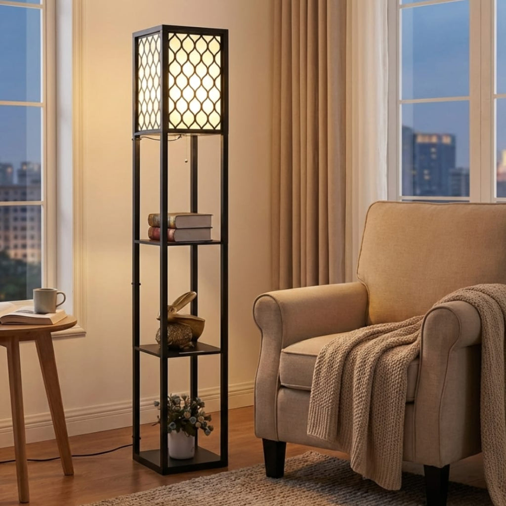 Lampa moderna cu 3 Rafturi, lampa de podea neagra, Design Minimalist,26x26x160 cm, Lumina Calda 5