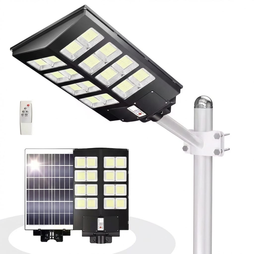 Lampa Solara 800W Dubla cu Senzor, LED Exterior, Suport Metalic si Telecomanda 1