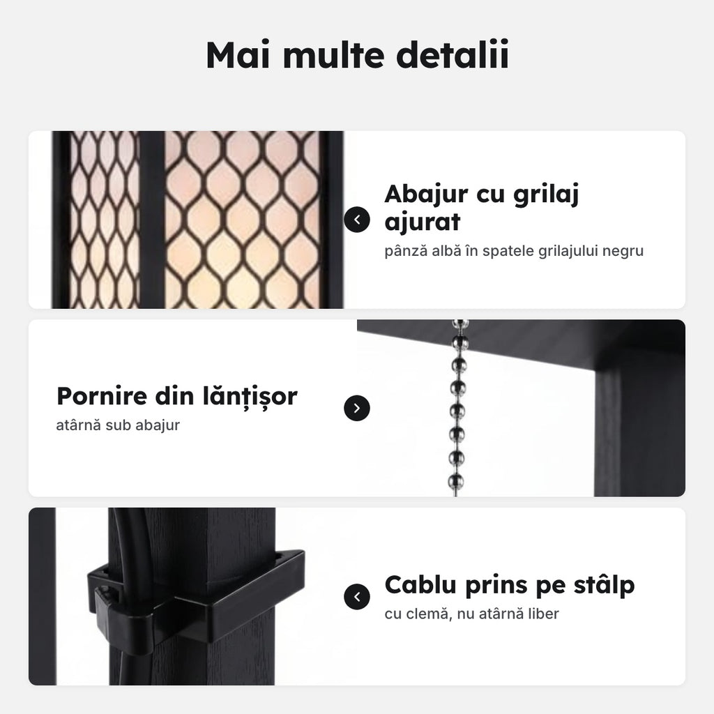 Lampadar cu 3 rafturi, abajur ajurat, negru – Mai multe detalii