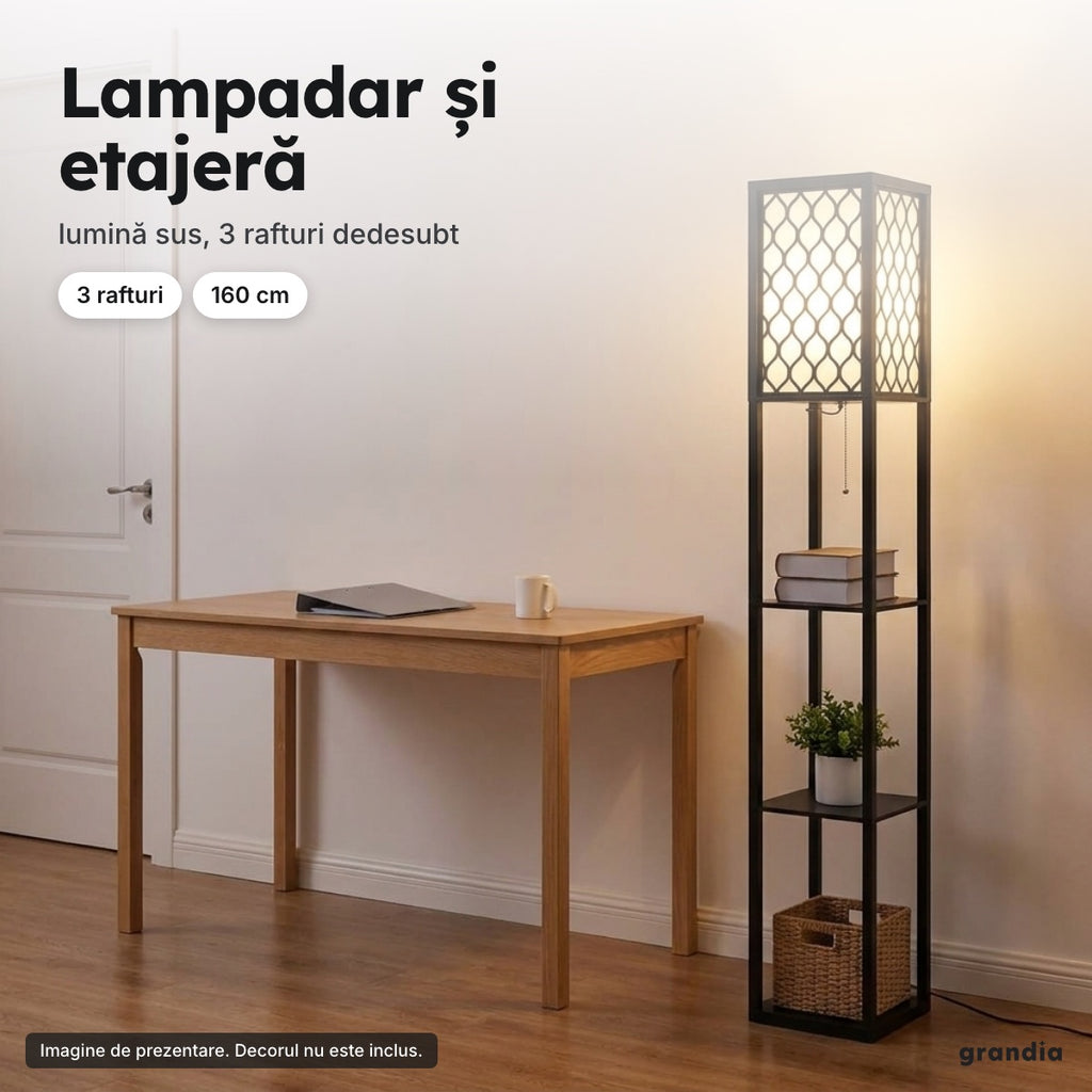 Lampadar cu 3 rafturi, abajur ajurat, negru – Lampadar și etajeră