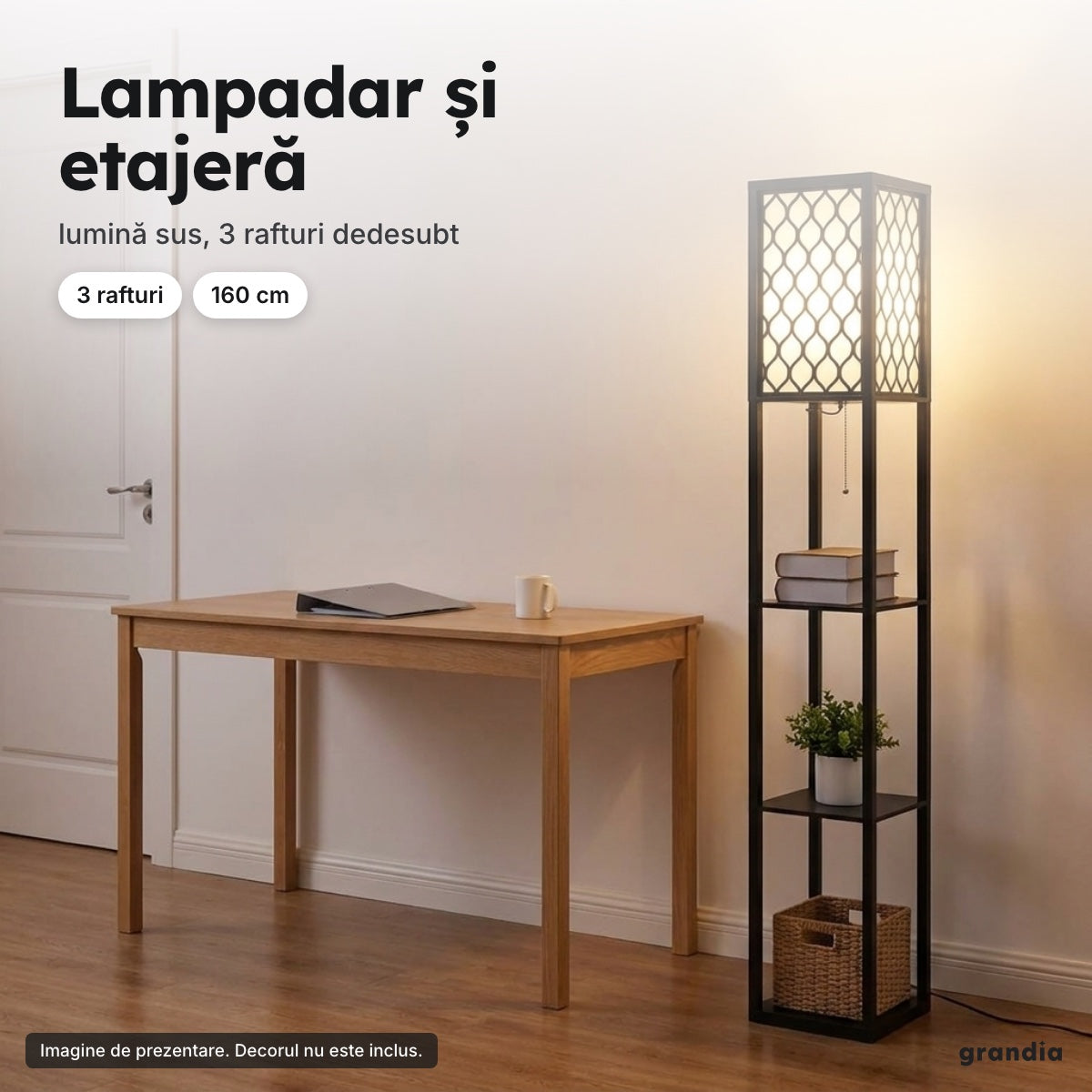 Lampadar cu 3 rafturi, abajur ajurat, negru – Lampadar și etajeră