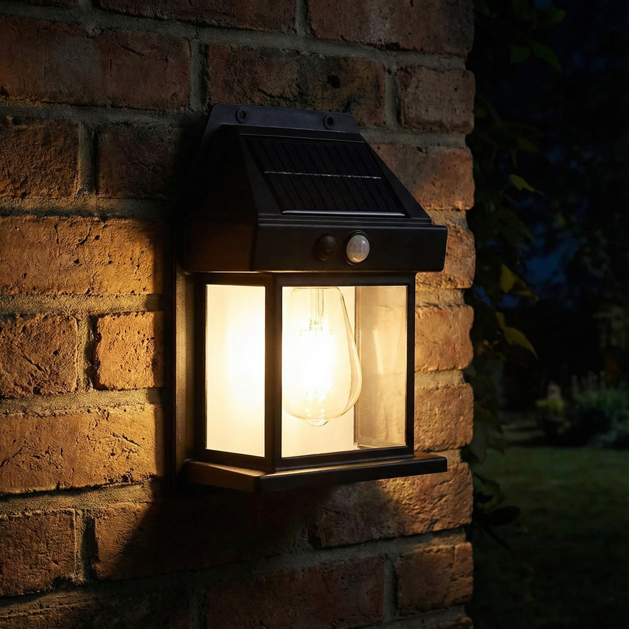 Lampa solara de perete tip felinar, senzor miscare, negru