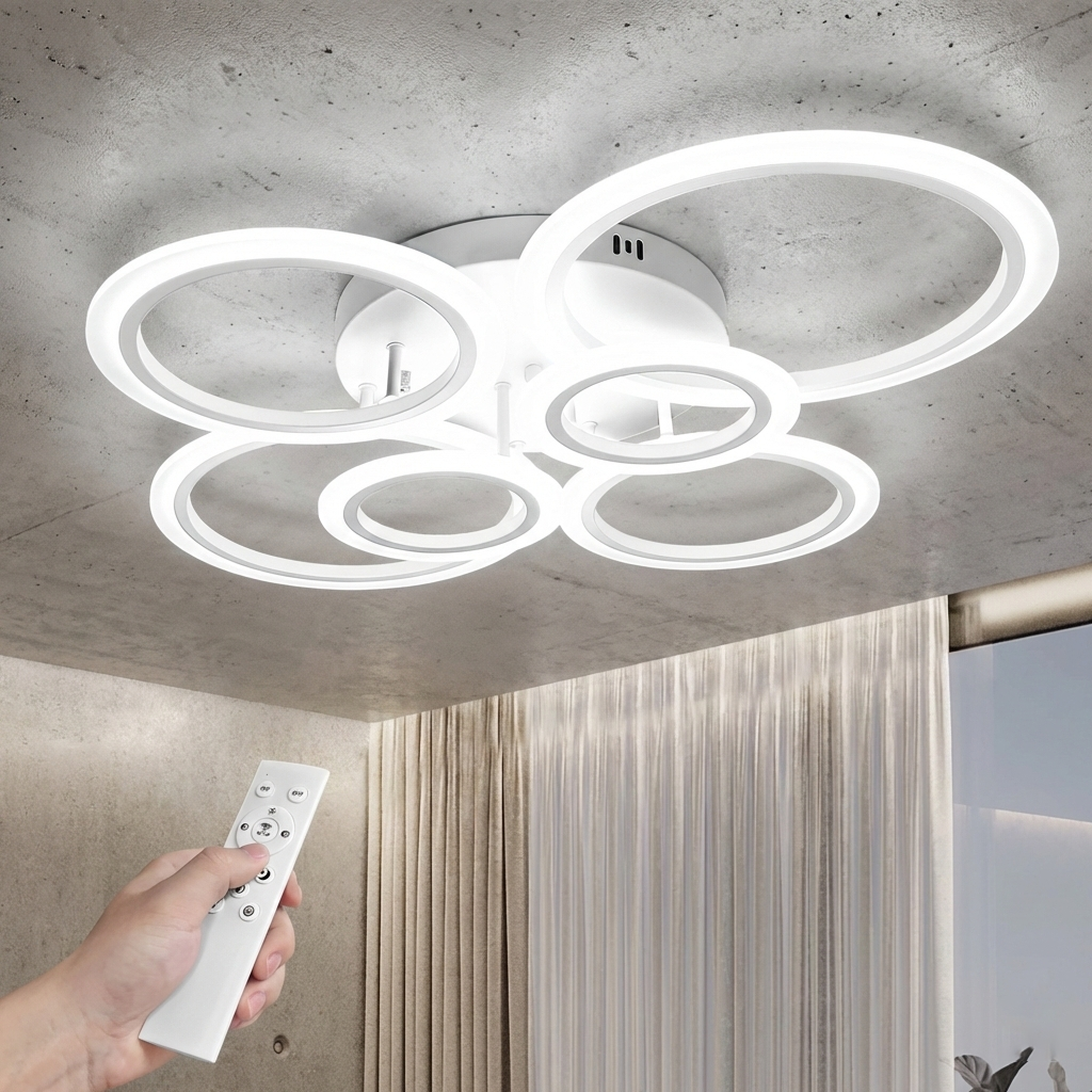 Lustra LED tavan 4+2 cercuri alba, cu telecomanda, echivalent 600W, lustra mare 80cm pentru living