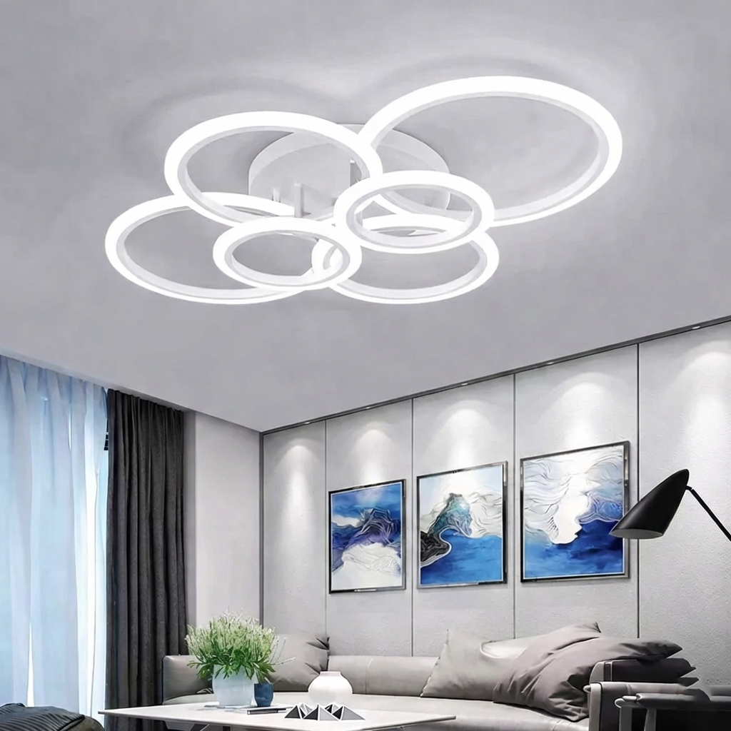 Lustra LED tavan 4+2 cercuri alba, cu telecomanda, echivalent 600W, lustra mare 80cm pentru living