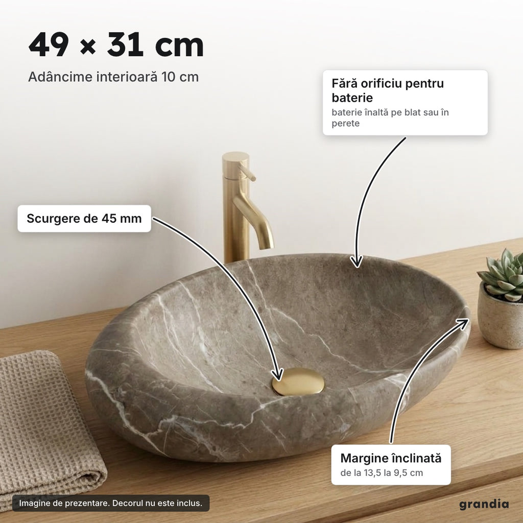 Lavoar oval pe blat, aspect de piatră – 49 × 31 cm