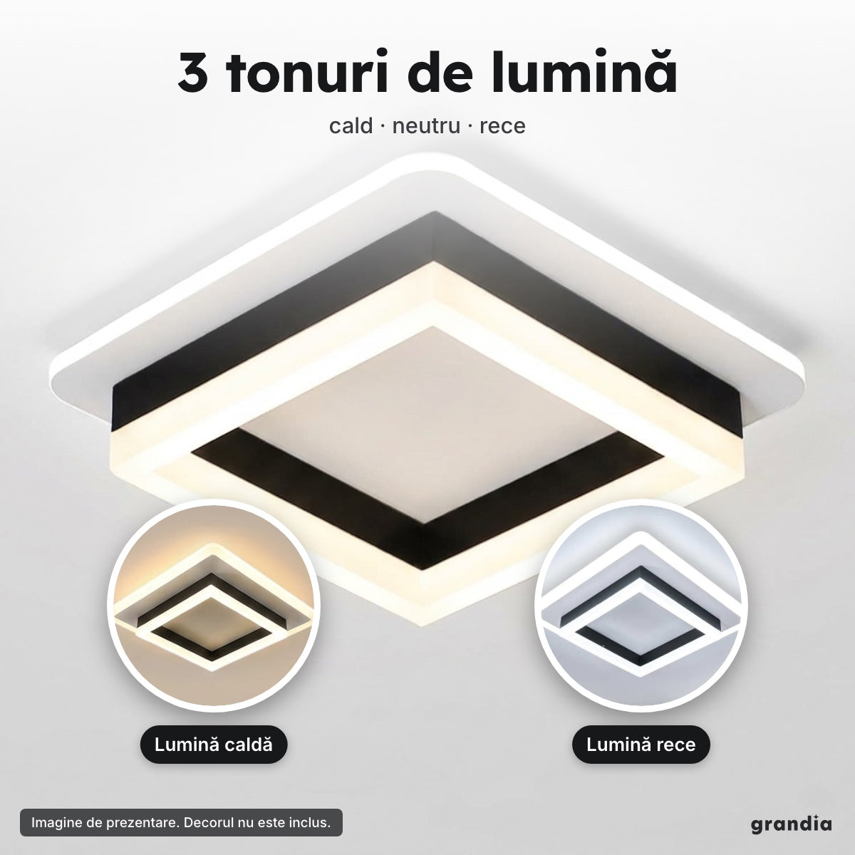 Lustră LED pătrată neagră (hol) – 3 tonuri de lumină