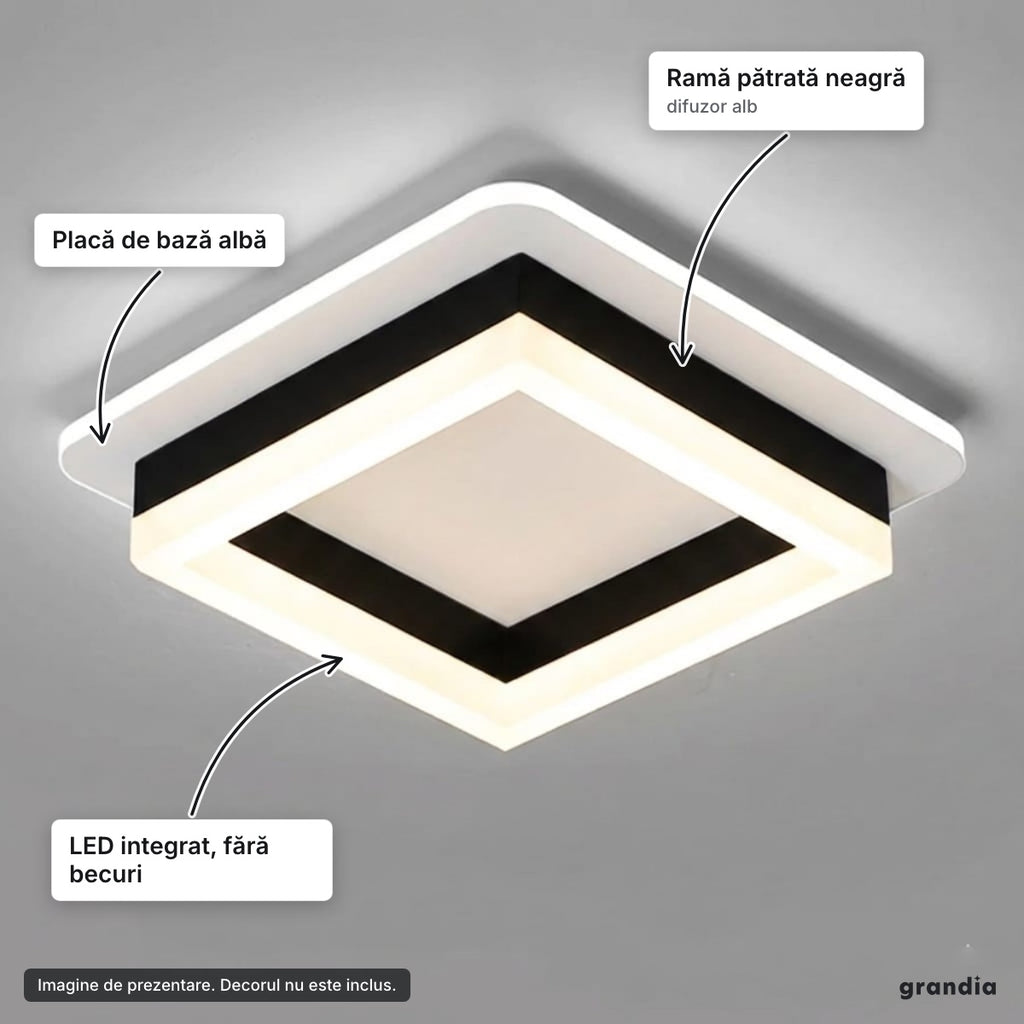 Lustră LED pătrată neagră (hol) – elemente principale