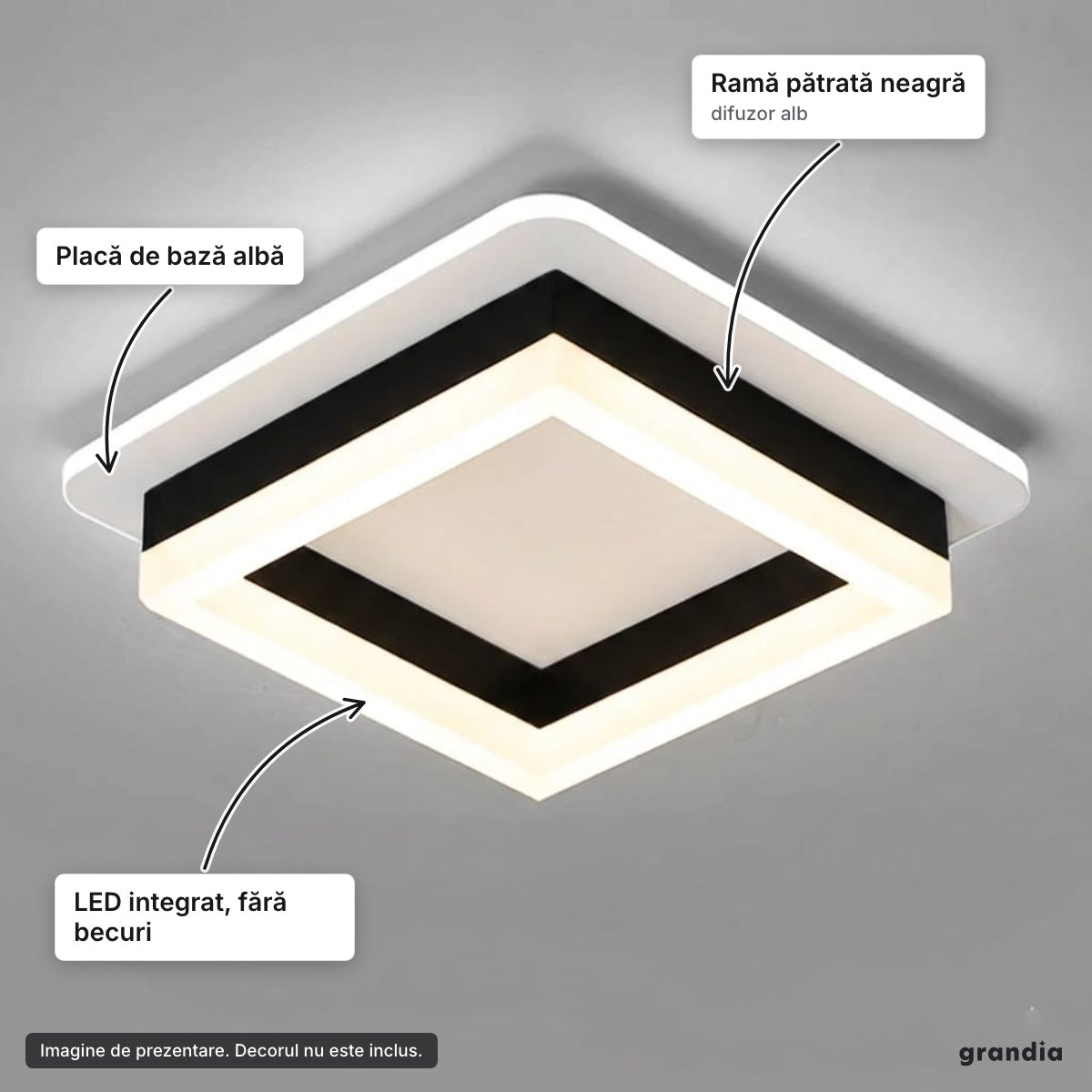 Lustră LED pătrată neagră (hol) – elemente principale