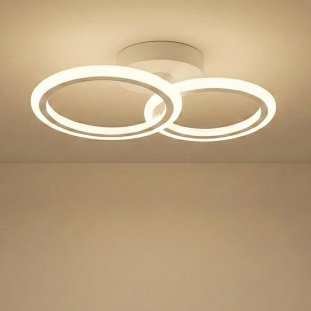 Lustra LED tavan 1+1 cercuri alba, cu telecomanda, echivalent 300W, lustra rotunda pentru dormitor